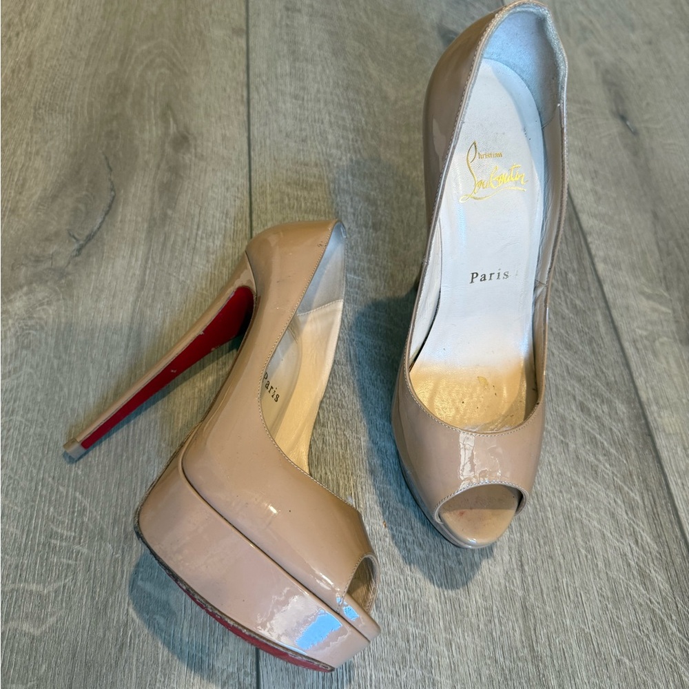 Christian Louboutin Beige Patent Peep Toe Heels